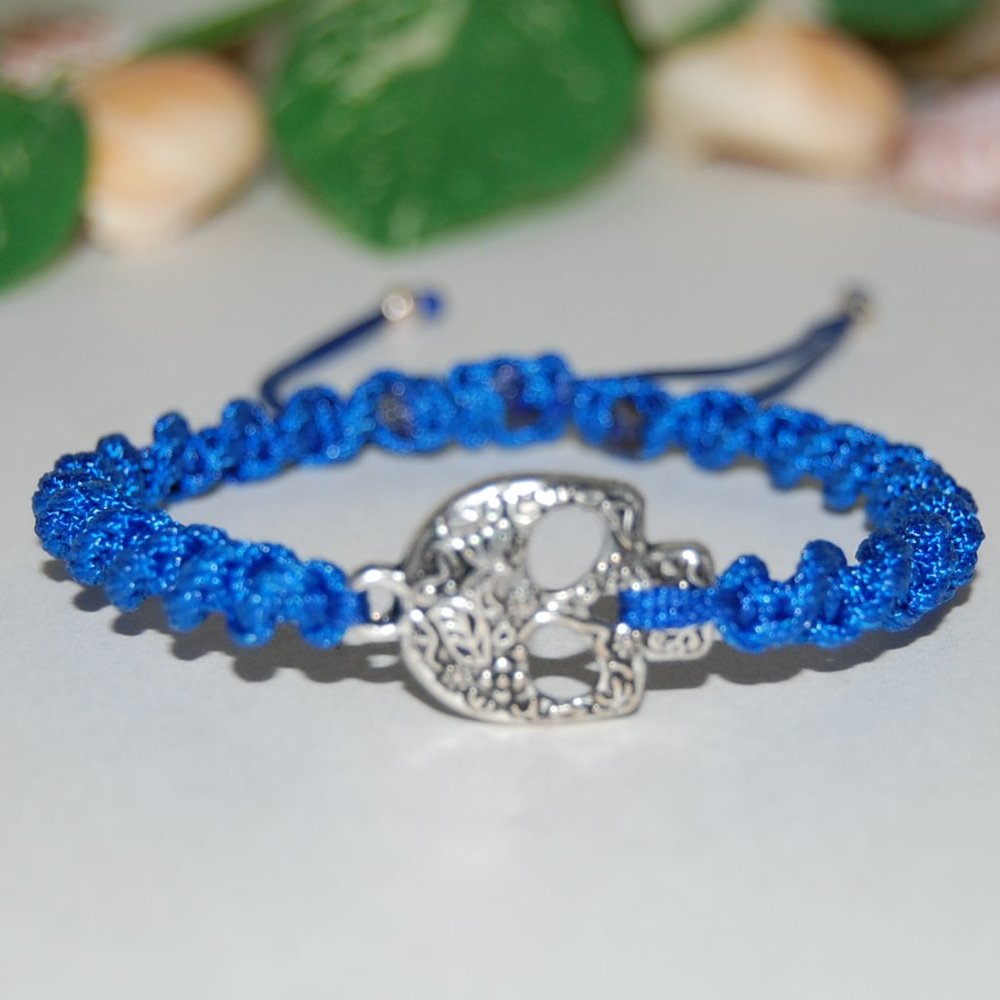 Skull Charm Bracelet,Skull Bracelet,Drawstring Bracelet,Blue Bracelet